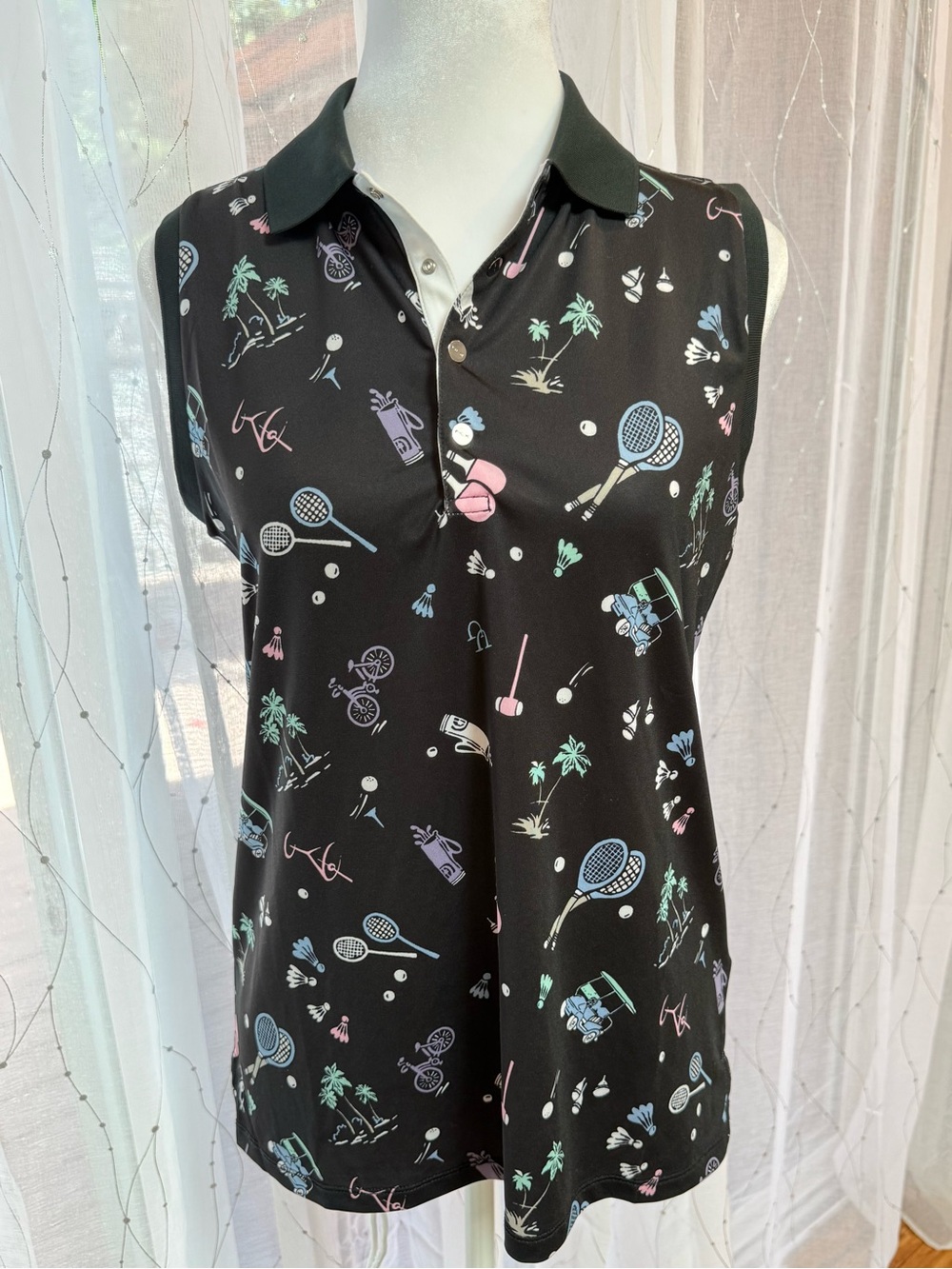 NWT RLX Ralph Lauren Printed Airflow Deco Sleeveless Golf Tennis Polo Black Sz M